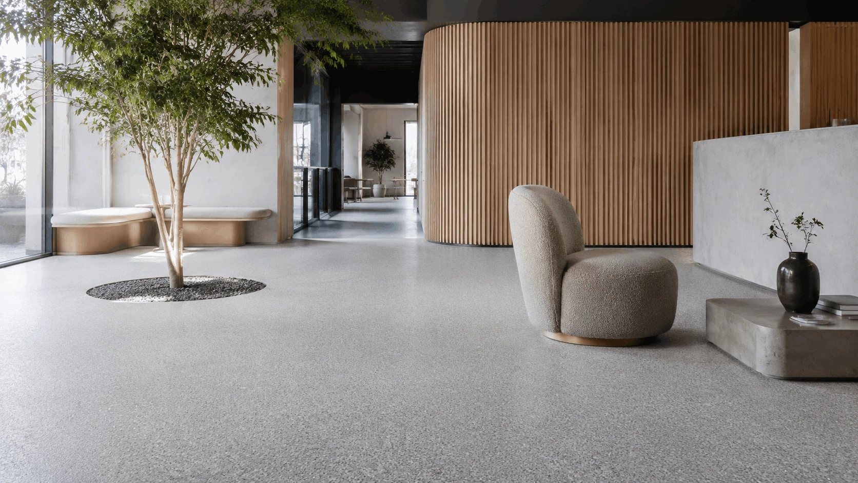 Light grey stone carpet flooring in an office interior