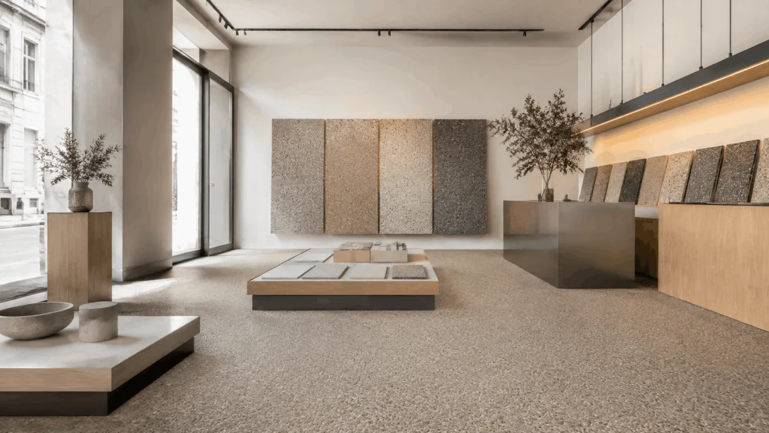 Natural aggregate stone carpet flooring in a showroom